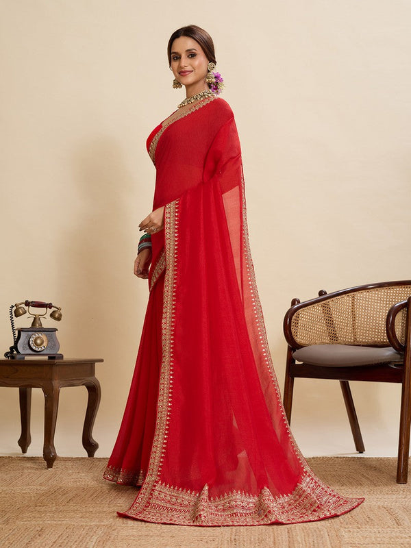 Beautiful Red Color Vichitra Fabric Designer Saree