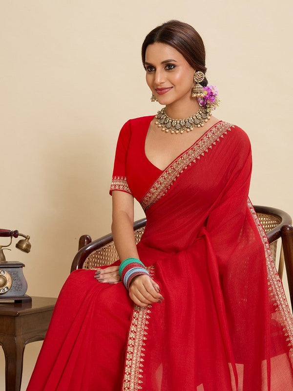 Beautiful Red Color Vichitra Fabric Designer Saree