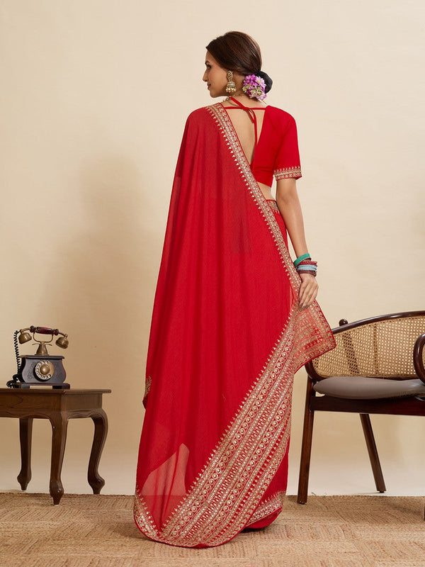 Beautiful Red Color Vichitra Fabric Designer Saree