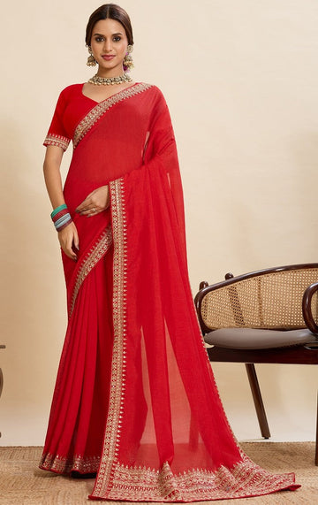 Beautiful Red Color Vichitra Fabric Designer Saree