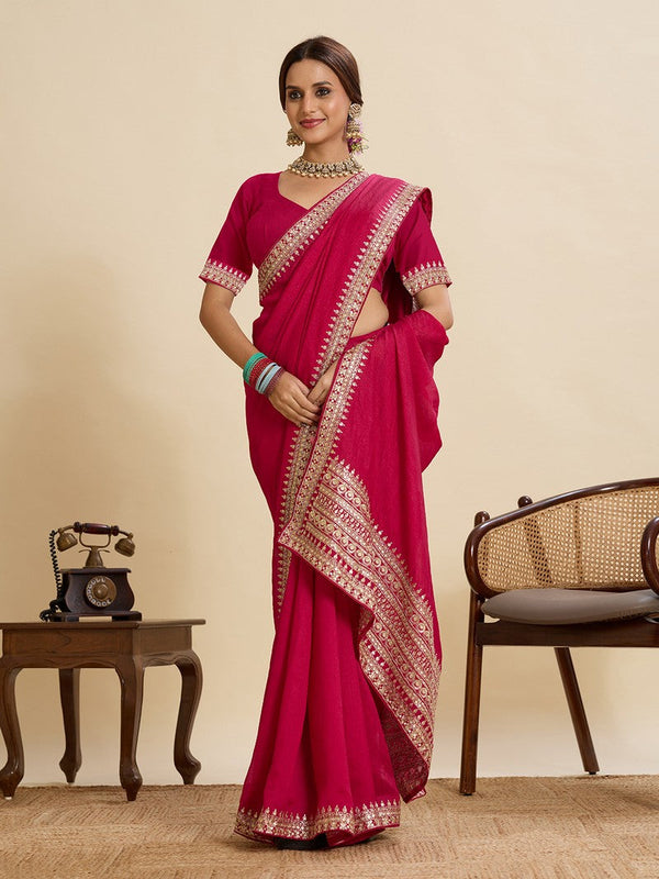 Beautiful Pink Color Vichitra Fabric Designer Saree