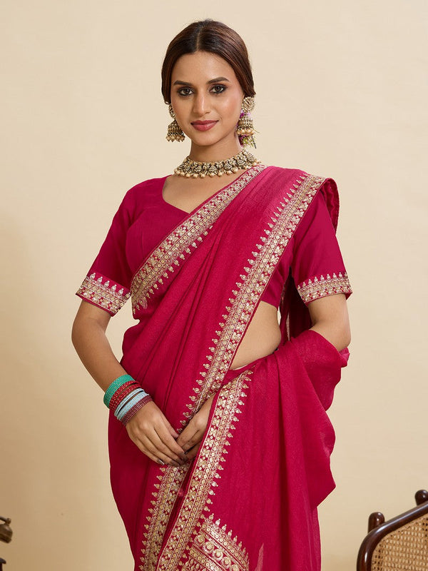 Beautiful Pink Color Vichitra Fabric Designer Saree