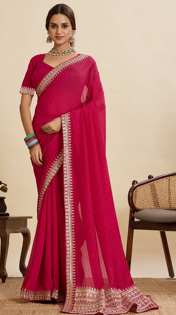 Beautiful Pink Color Vichitra Fabric Designer Saree