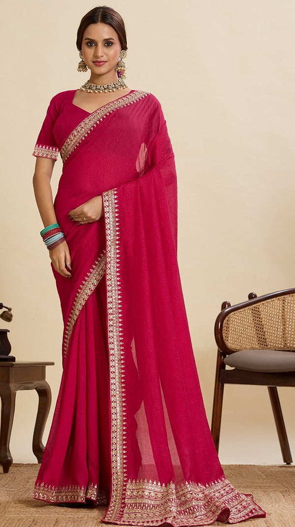 Beautiful Pink Color Vichitra Fabric Designer Saree