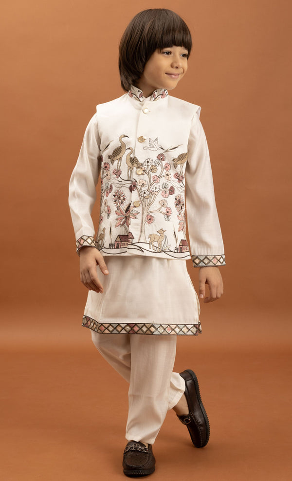 Amazing White Color Viscose Fabric Boys Kurta Pajama and Jacket