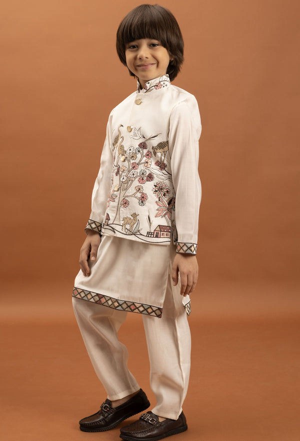 Amazing White Color Viscose Fabric Boys Kurta Pajama and Jacket