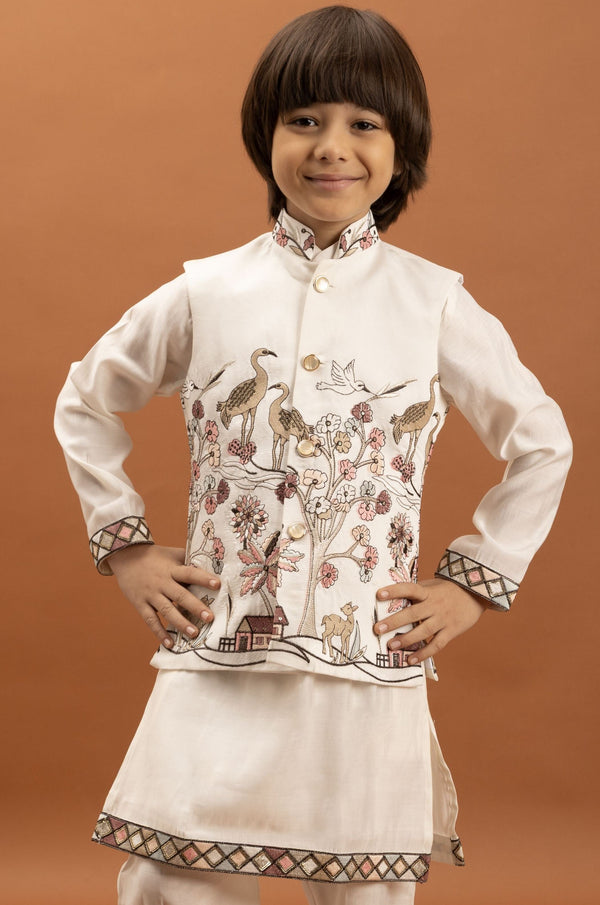 Amazing White Color Viscose Fabric Boys Kurta Pajama and Jacket