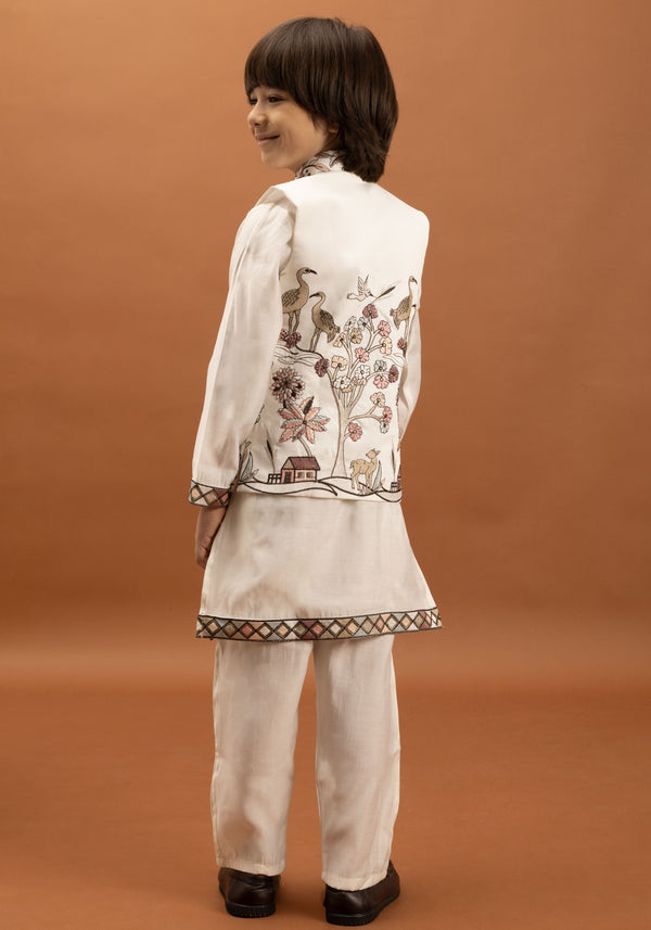 Amazing White Color Viscose Fabric Boys Kurta Pajama and Jacket