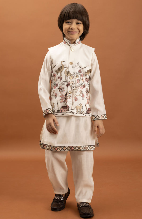 Amazing White Color Viscose Fabric Boys Kurta Pajama and Jacket