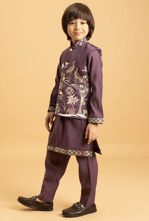 Amazing Voilet Color Viscose Fabric Boys Kurta Pajama and Jacket