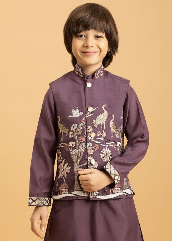 Amazing Voilet Color Viscose Fabric Boys Kurta Pajama and Jacket