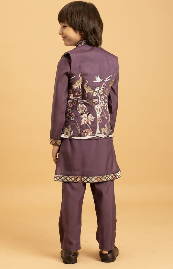 Amazing Voilet Color Viscose Fabric Boys Kurta Pajama and Jacket