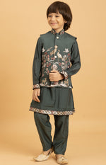 Amazing Green Color Viscose Fabric Boys Kurta Pajama and Jacket