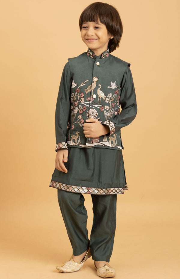 Amazing Green Color Viscose Fabric Boys Kurta Pajama and Jacket