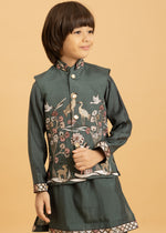 Amazing Green Color Viscose Fabric Boys Kurta Pajama and Jacket