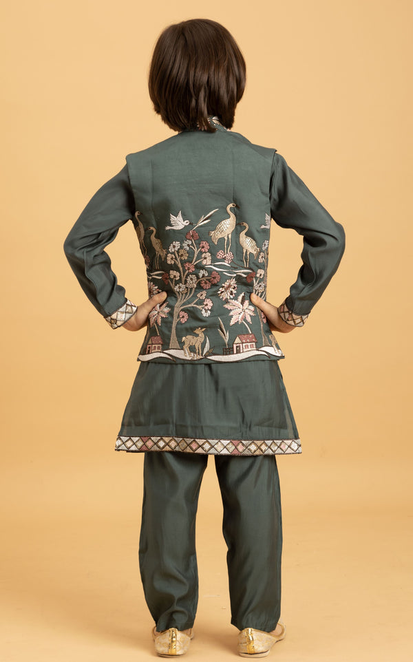 Amazing Green Color Viscose Fabric Boys Kurta Pajama and Jacket