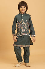 Amazing Green Color Viscose Fabric Boys Kurta Pajama and Jacket