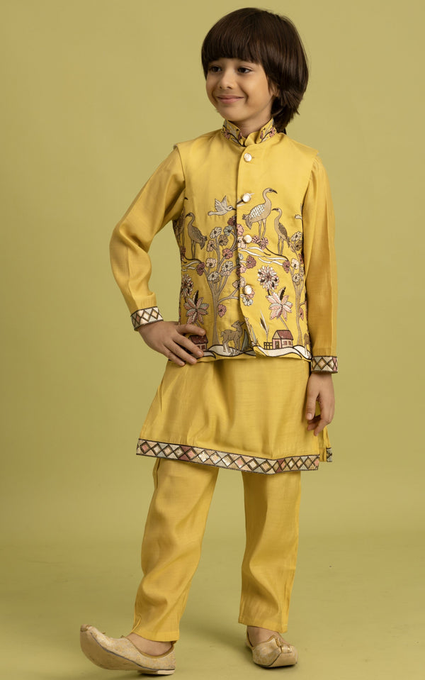 Amazing Yellow Color Viscose Fabric Boys Kurta Pajama and Jacket