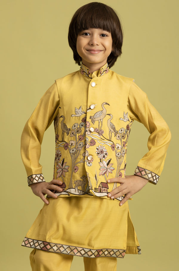 Amazing Yellow Color Viscose Fabric Boys Kurta Pajama and Jacket