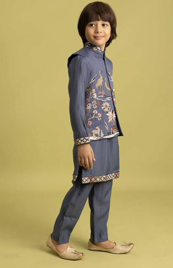 Amazing Grey Color Viscose Fabric Boys Kurta Pajama and Jacket