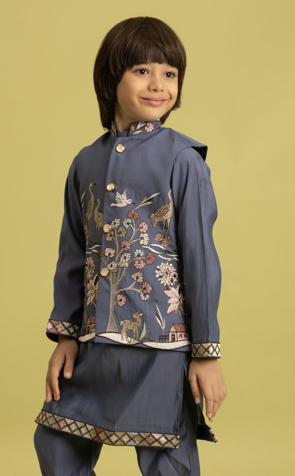Amazing Grey Color Viscose Fabric Boys Kurta Pajama and Jacket