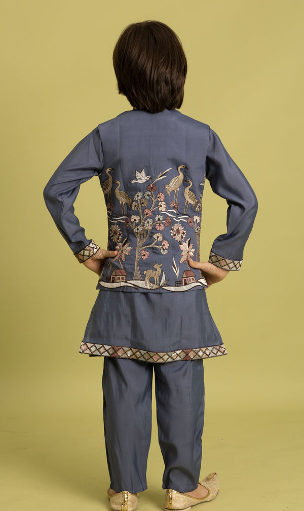 Amazing Grey Color Viscose Fabric Boys Kurta Pajama and Jacket