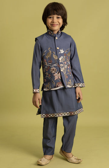 Amazing Grey Color Viscose Fabric Boys Kurta Pajama and Jacket