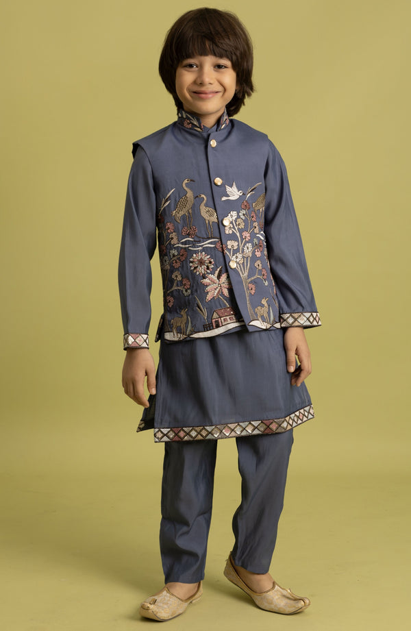 Amazing Grey Color Viscose Fabric Boys Kurta Pajama and Jacket