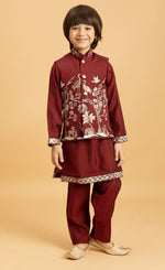 Amazing Maroon Color Viscose Fabric Boys Kurta Pajama and Jacket