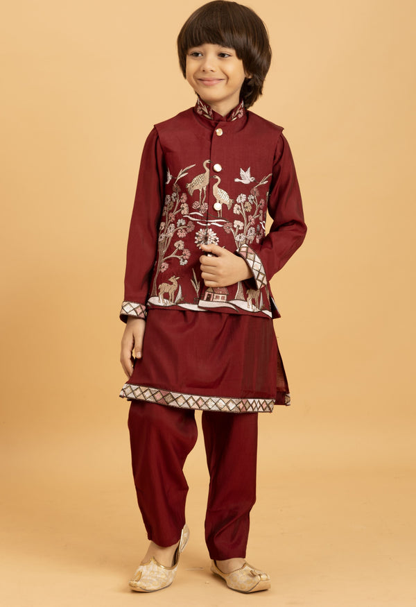 Amazing Maroon Color Viscose Fabric Boys Kurta Pajama and Jacket