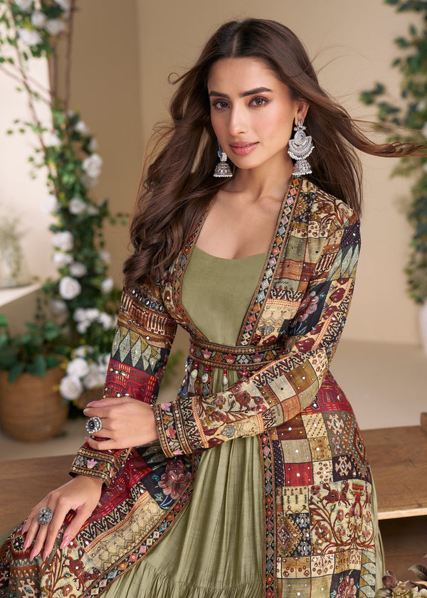 Dazzling Green Color Georgette Fabric Gown With Shrug