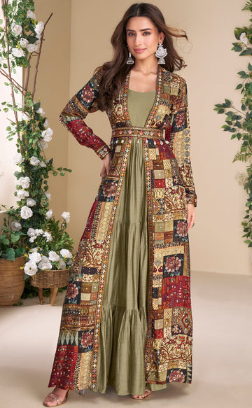 Dazzling Green Color Georgette Fabric Gown With Shrug