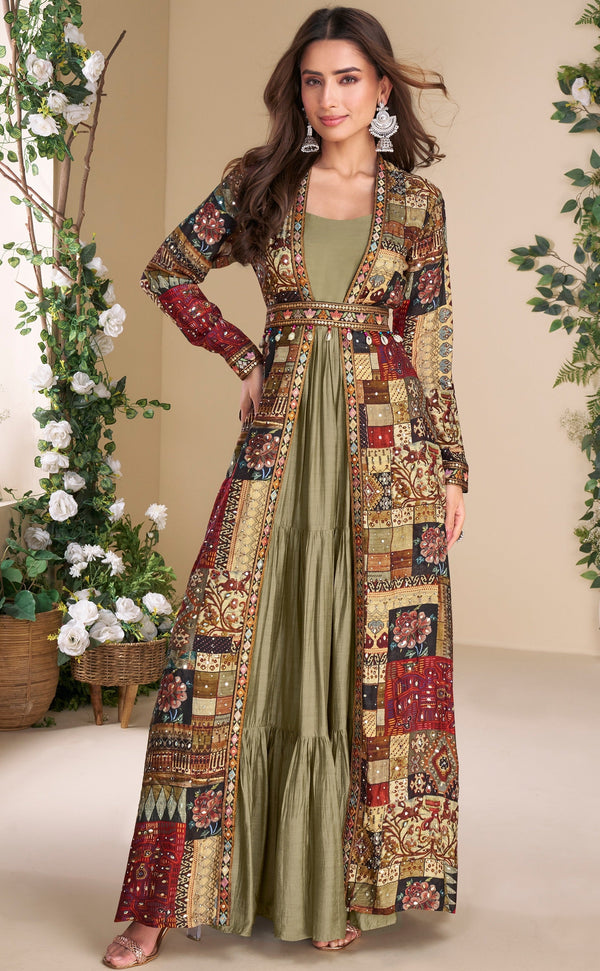 Dazzling Green Color Georgette Fabric Gown With Shrug