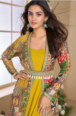 Dazzling Yellow Color Georgette Fabric Gown With Shrug