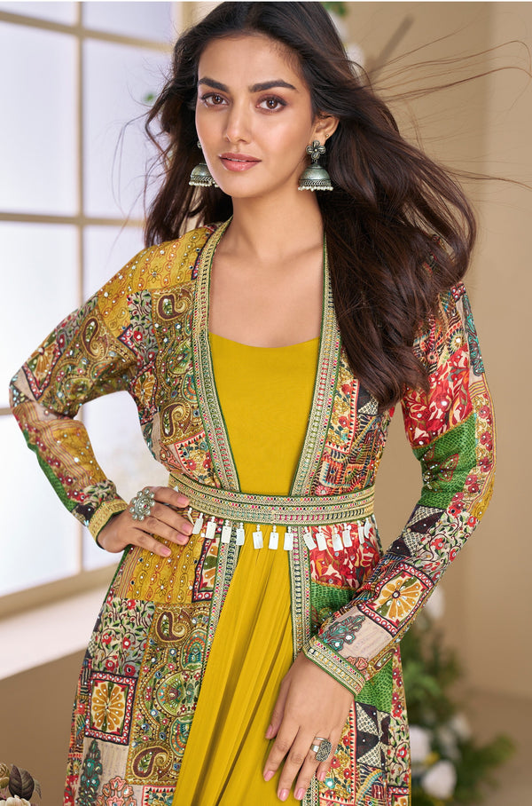 Dazzling Yellow Color Georgette Fabric Gown With Shrug