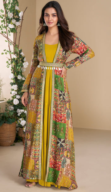 Dazzling Yellow Color Georgette Fabric Gown With Shrug