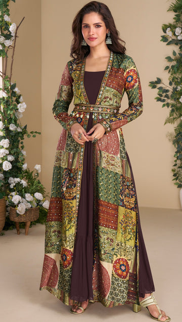 Dazzling Brown Color Georgette Fabric Gown With Shrug