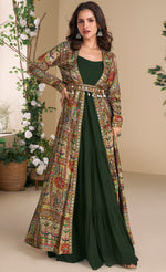Dazzling Green Color Georgette Fabric Gown With Shrug