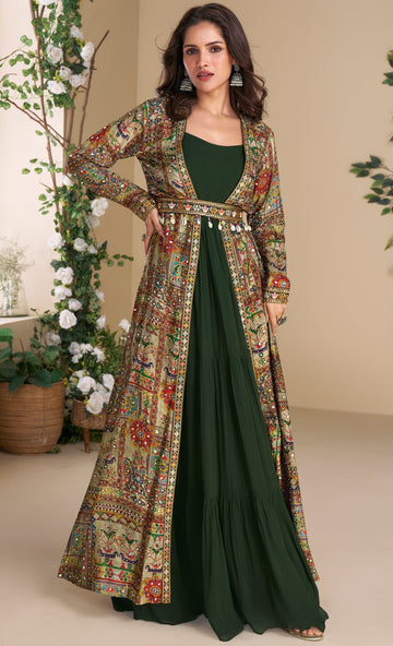 Dazzling Green Color Georgette Fabric Gown With Shrug