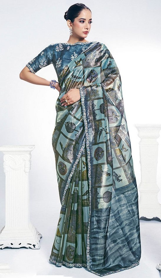 Grand Blue Color Silk Fabric Designer Saree