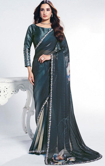 Grand Teal Color Silk Fabric Designer Saree