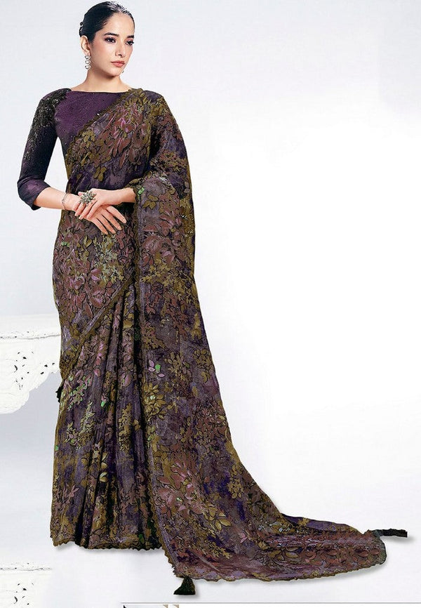 Grand Wine Color Brasso Fabric Designer Saree