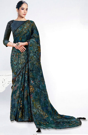 Grand Teal Color Brasso Fabric Designer Saree