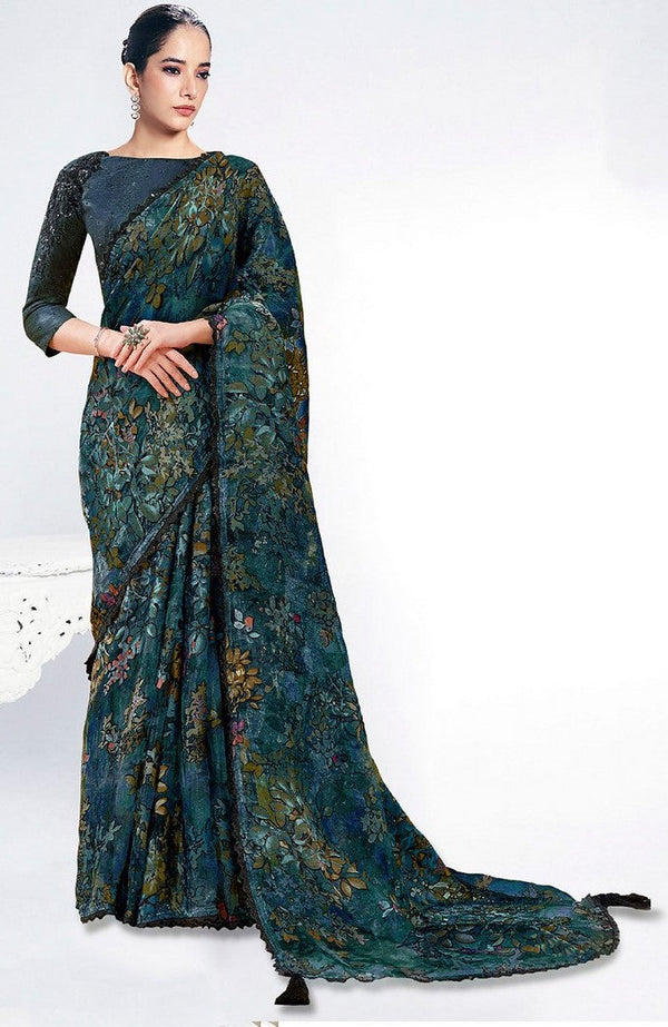 Grand Teal Color Brasso Fabric Designer Saree