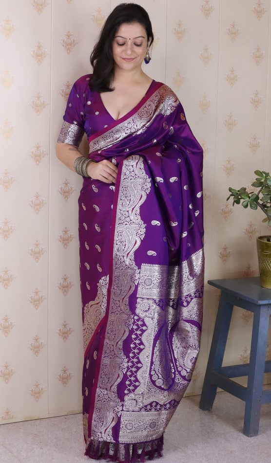 Amazing Purple Color Banarasi Fabric Partywear Saree