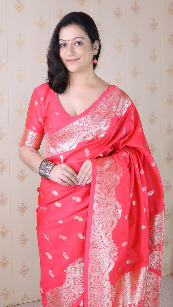 Amazing Red Color Banarasi Fabric Partywear Saree