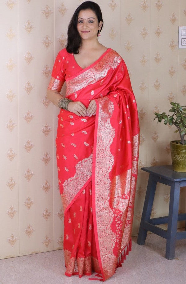 Amazing Red Color Banarasi Fabric Partywear Saree