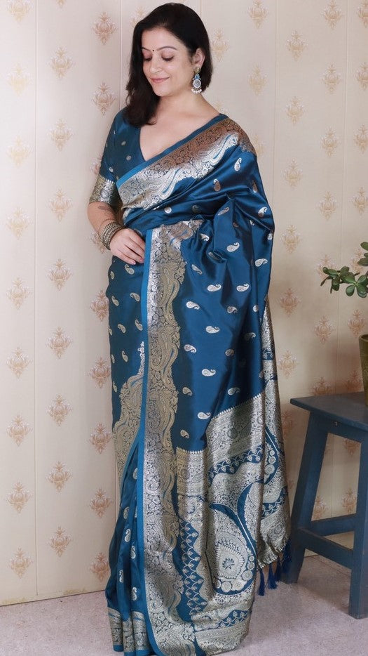 Amazing Teal Color Banarasi Fabric Partywear Saree