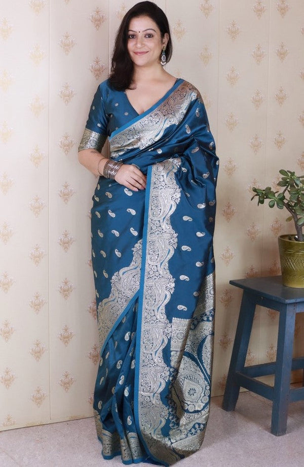 Amazing Teal Color Banarasi Fabric Partywear Saree