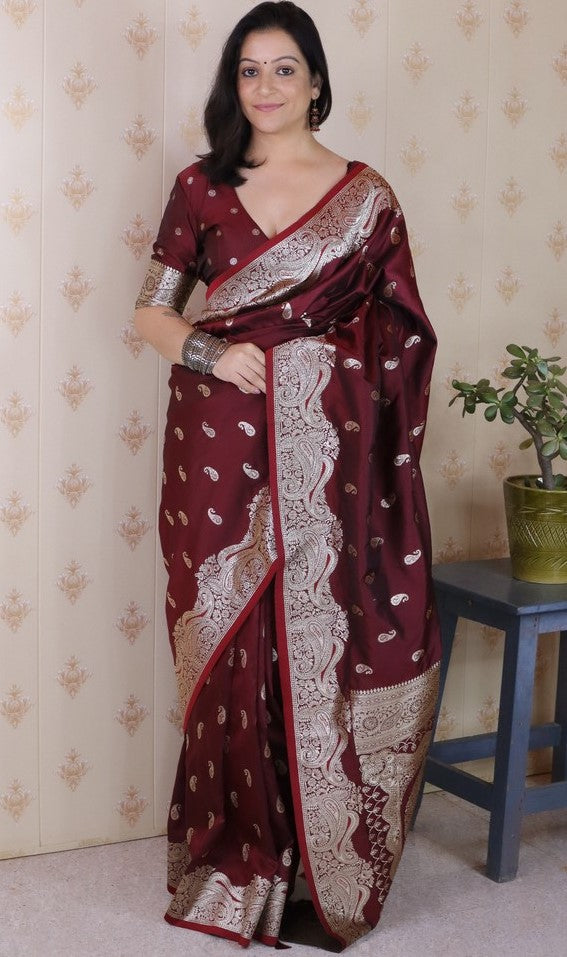 Amazing Maroon Color Banarasi Fabric Partywear Saree